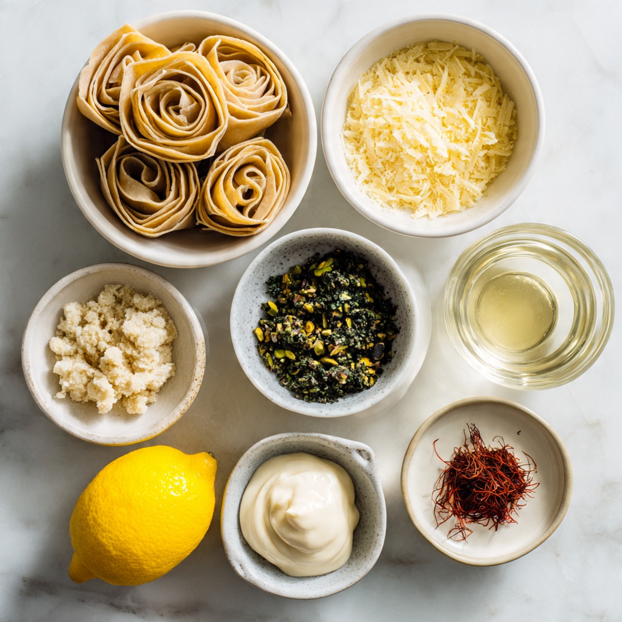 A top-down view of several white bowls and small dishes arranged on a white marbled surface, each containing different ingredients for a recipe. At the center left is a white bowl filled with light brown rolled pasta nests with smooth, flat texture. To the top right is a white bowl with grated pale yellow Parmesan cheese, showing a fine, fluffy texture. Below it is a clear glass holding transparent white wine. Next to that is a whole bright yellow lemon with a slightly bumpy surface. Below the lemon is a small white dish filled with dark green chopped pistachios, rough in texture. At the bottom center is a white bowl filled with smooth, thick, off-white cream. To the left is a small light gray bowl of finely crushed garlic with a chunky, uneven texture. Above this is a white dish with butter, smooth and creamy with soft swirls. To the left of the butter is a small white dish holding deep red saffron threads, thin and stringy. The items are neatly spaced on the white marbled surface. photo taken with an iphone --ar 4:5 --v 7