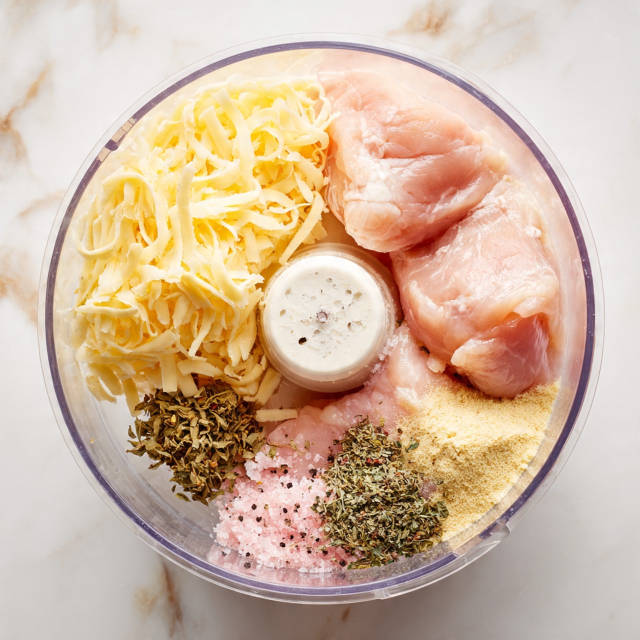 A clear food processor bowl is shown from above, containing three thick pale pink raw chicken pieces arranged around the center. On the left side, there is a pile of shredded pale yellow cheese. On the right, near the chicken, there are small heaps of light beige powder, bright green oregano leaves, black pepper, and pink salt, all placed separately and clearly visible. The background is a white marbled texture. photo taken with an iphone --ar 4:5 --v 7