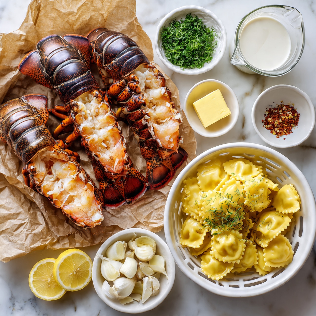 Two lobster tails with dark brown and orange shells rest on crumpled brown paper on a white marbled surface. Next to them, a white colander filled with yellow ravioli shows a smooth and slightly shiny texture. Surrounding these are six small white bowls: one with light yellow lemon wedges, one with light green chopped herbs, one with a square of pale yellow butter in golden oil, one with thinly sliced white garlic mixed with dried herbs and red spices, and one with thinly sliced white shallots topped with small green pieces. There is also a clear glass measuring cup filled with white cream and a small clear glass with pale liquid. Photo taken with an iphone --ar 4:5 --v 7
