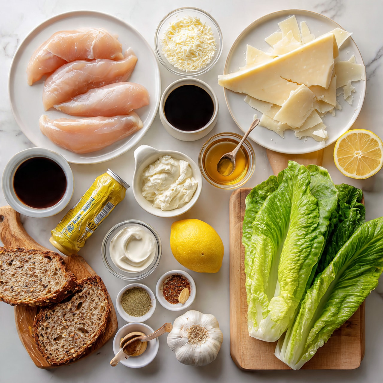 The image shows raw chicken cutlets arranged on a white plate on the left side. Next to it, a small bowl holds dark Worcestershire sauce, and above it is a block of parmesan cheese with large shaved slices piled next to it on a white plate. A tube of yellow anchovy paste lies horizontally below the cheese. Nearby, a half lemon sits beside a small container of honey with a clear spoon inside. Several small bowls contain various ingredients: grated parmesan, mayo, Greek yogurt, milk in a scalloped white bowl, Dijon mustard, and two types of spices in small dishes. Romaine lettuce leaves with bright green color and crisp texture take up the right side on a light wooden board. At the bottom left, slices of whole wheat bread with seeds are placed next to a garlic bulb. The whole setup rests on a white marbled surface. Photo taken with an iphone --ar 4:5 --v 7