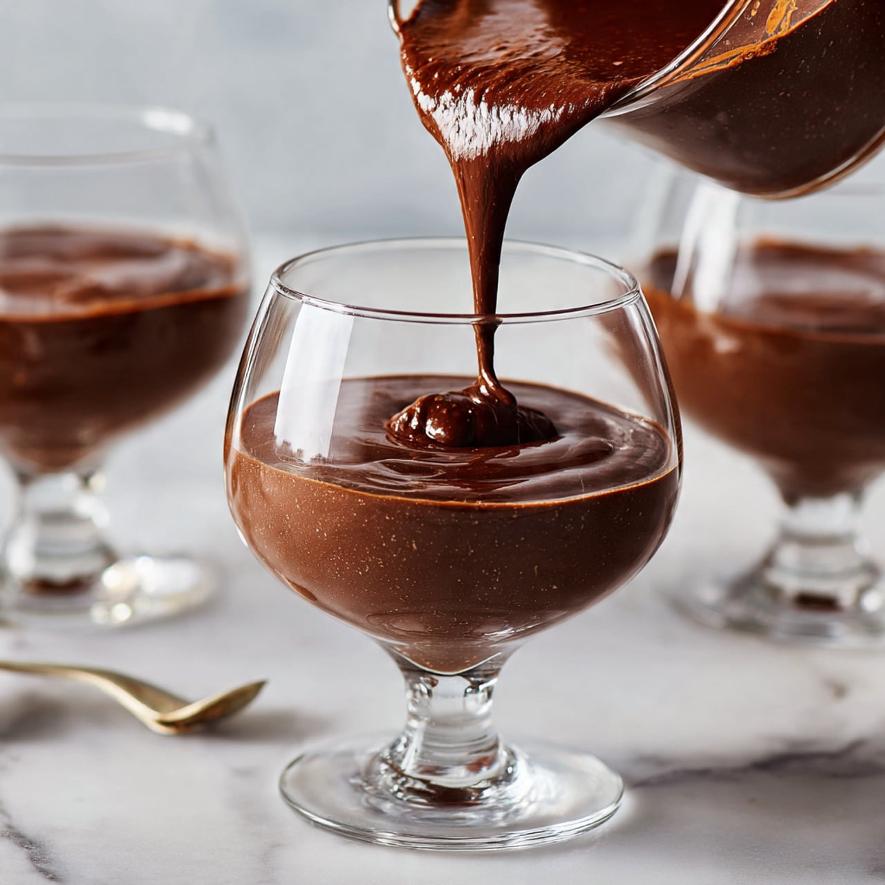 The image shows a close-up of smooth, rich chocolate sauce being poured into a clear, round, stemmed glass. The chocolate is thick and shiny, forming a glossy surface in the glass as it fills from the top center. There are other similar glasses filled with the same chocolate visible in the background. The scene is set on a white marbled surface that reflects some light softly. photo taken with an iphone --ar 4:5 --v 7
