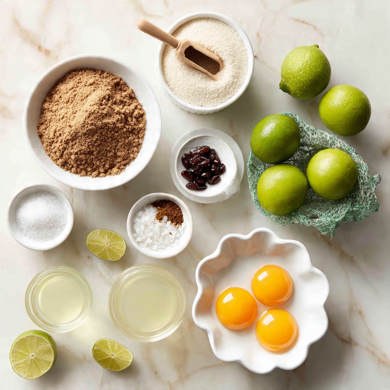 The image shows a lemon tart with three visible layers: the bottom crust is brown and crumbly, the middle layer is a smooth pale yellow lemon filling, and the top is decorated with small white dollops of cream and green lime wedges evenly spaced around the edge. Toasted coconut flakes are scattered on and around the tart. The tart is placed on a white marbled surface with lime slices and a beige cloth nearby. A silver spoon is beside the tart, and a small white bowl with toasted coconut flakes sits above it. In the second part of the image, a single slice of the tart is served on a white plate with black stripes at the rim, topped with cream, a lime wedge, and coconut flakes, with a fork resting on the plate. Photo taken with an iphone --ar 4:5 --v 7