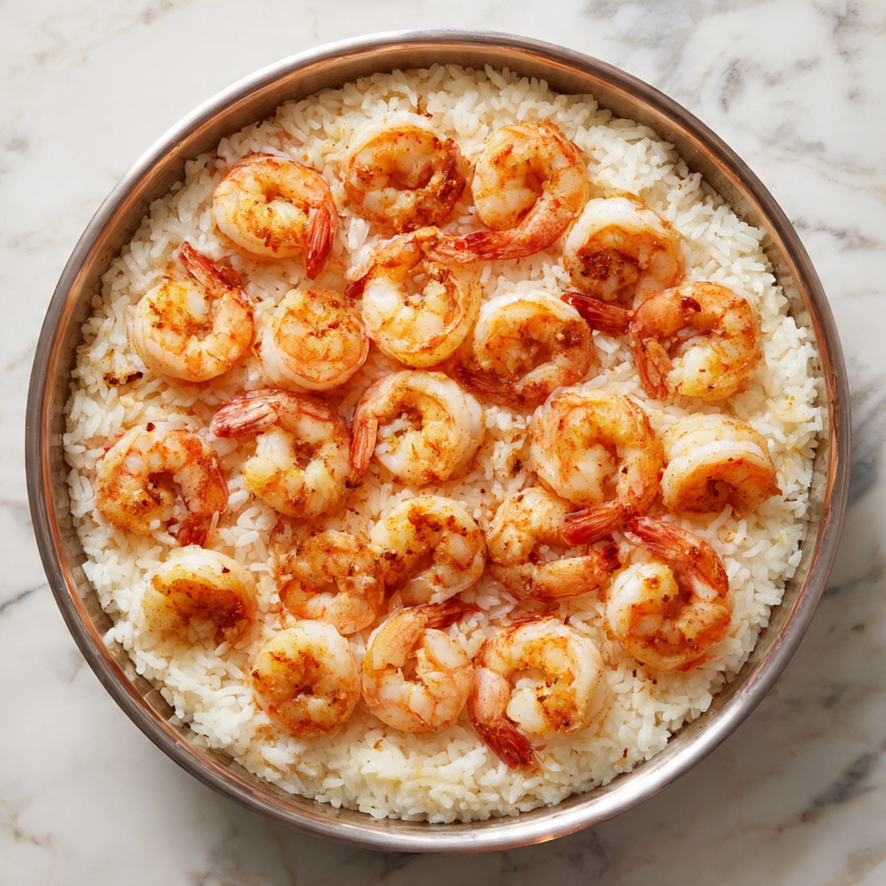 A metal pan filled with a single layer of cooked white rice at the bottom, topped with a spread of pinkish-orange cooked shrimp evenly placed across the rice, all sitting on a white marbled surface photo taken with an iphone --ar 4:5 --v 7