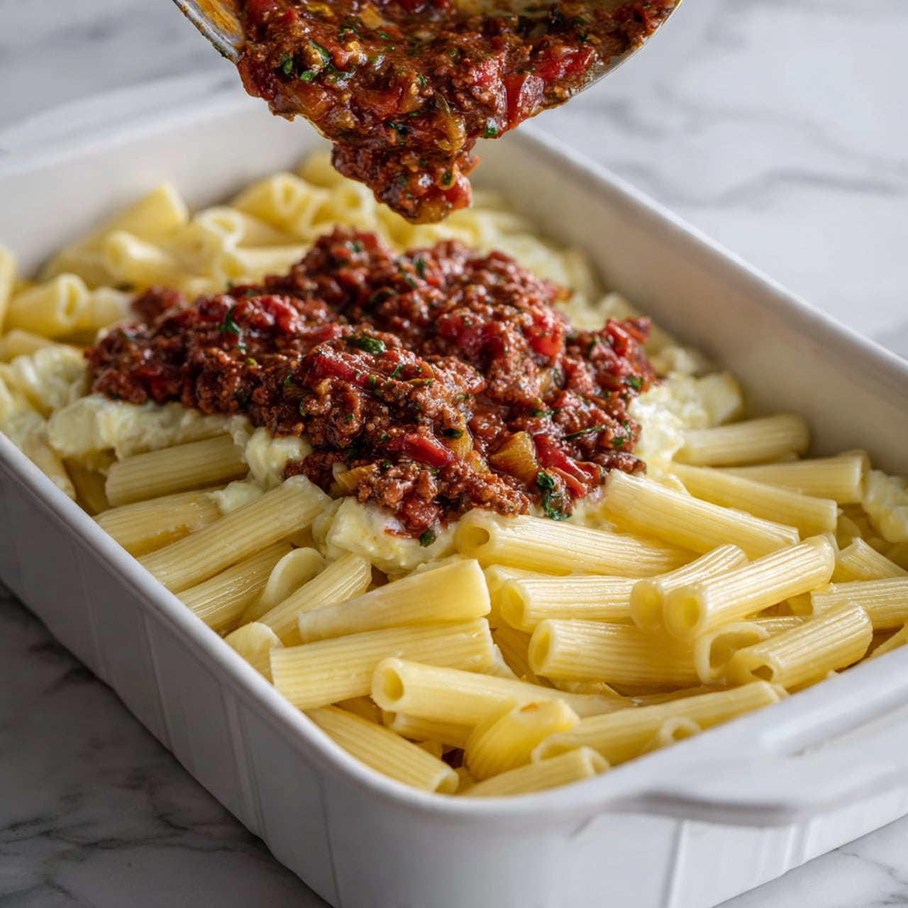A white rectangular dish holds two layers of food; the bottom layer is creamy pale yellow penne pasta with a smooth, slightly shiny texture, arranged evenly across the dish. The top layer is a chunky deep red meat sauce with visible pieces of vegetables like mushrooms and bits of herbs, being spooned onto the pasta from above. The sauce looks thick and textured, with small pieces of diced tomatoes and greens mixed in. The background surface is white marble. photo taken with an iphone --ar 4:5 --v 7