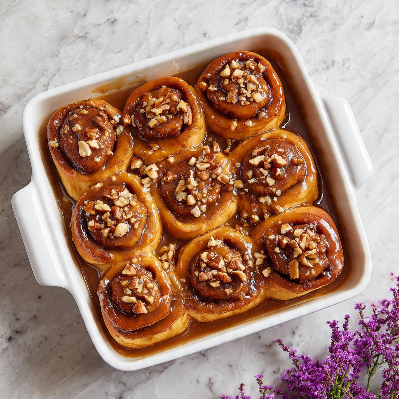 A white square baking dish holds nine cinnamon rolls closely placed in a 3x3 grid. Each roll is thick, golden-brown with a darker caramelized top, showing visible soft layers spiraled inward. The rolls are covered with a shiny brown glaze sauce that pools slightly around them, topped with small, chopped nuts scattered unevenly over the surface. The dish sits on a white marbled textured surface with a small bunch of purple flowers visible at the bottom right corner. photo taken with an iphone --ar 4:5 --v 7
