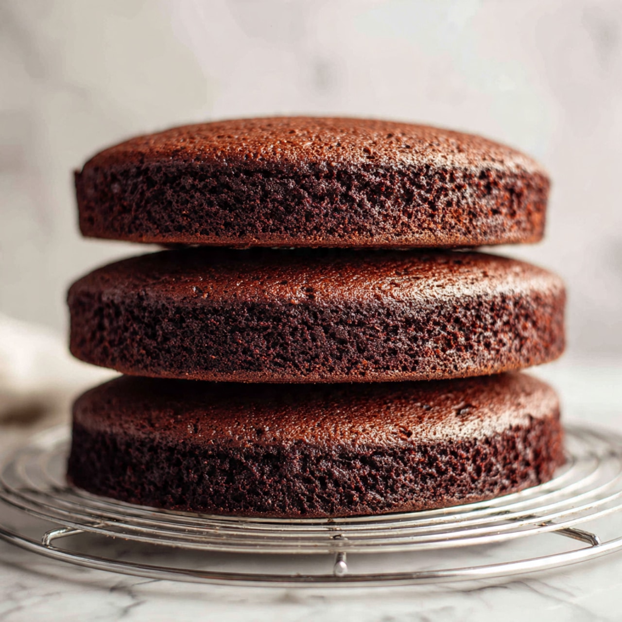 The image shows three round chocolate cake layers cooling on a metal wire rack. Each layer is dark brown with a slightly rough and soft texture, having small cracks and uneven spots on the surface. The layers are different sizes, with one large round cake layer in the bottom left, one medium layer in the top right, and a smaller one at the bottom right. All three layers are spaced apart on the rack, which sits on a white marbled texture. Photo taken with an iphone --ar 4:5 --v 7