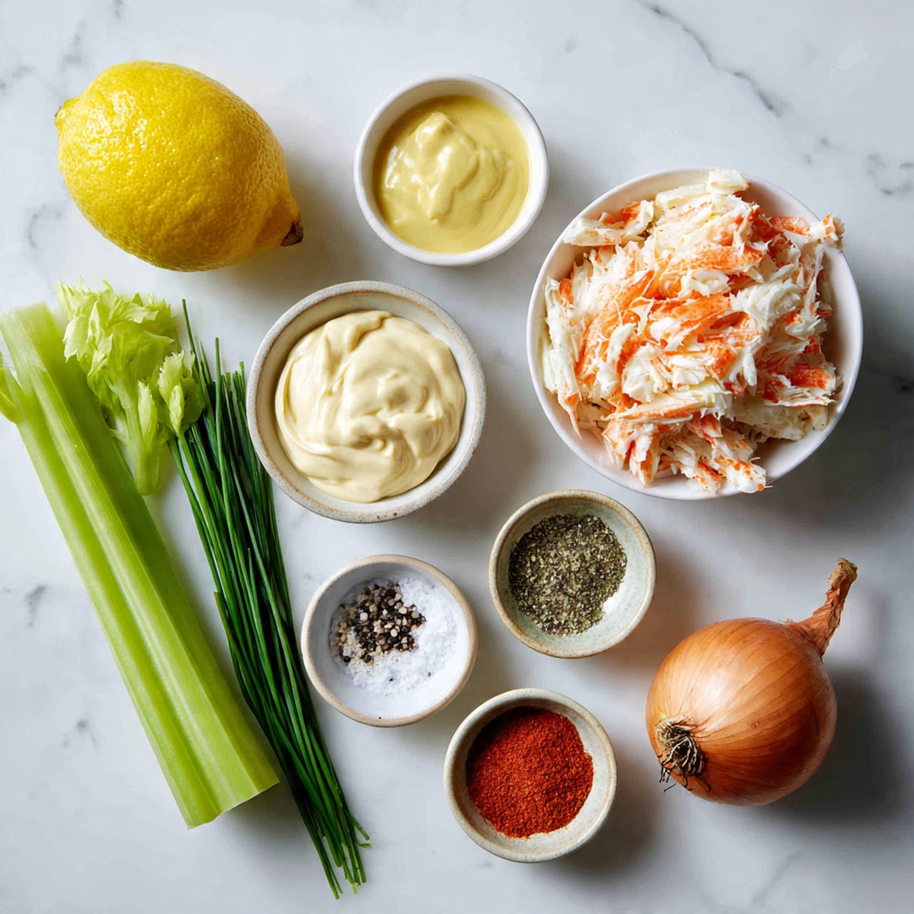 The image shows eight ingredients arranged neatly on a white marbled surface. On the top right is a white bowl filled with white and bright orange imitation crab pieces that have a soft texture. To its left are two green celery stalks standing vertically. Below the celery on the left is a bright yellow whole lemon with a textured peel. Near the lemon is a bunch of fresh, green chives with thin, long stems. Above the chives is a small white bowl containing smooth, light yellow Dijon mustard. To the right of the mustard is a white bowl filled with creamy, pale mayonnaise swirled softly. Above the mayonnaise is a small ceramic bowl with coarse cracked salt and black pepper. Above this bowl is a single shallot with a reddish-brown skin and smooth texture. Near the celery and shallot is a small white bowl with bright red cayenne pepper powder. All the items are placed in a clean and simple layout. Photo taken with an iphone --ar 4:5 --v 7