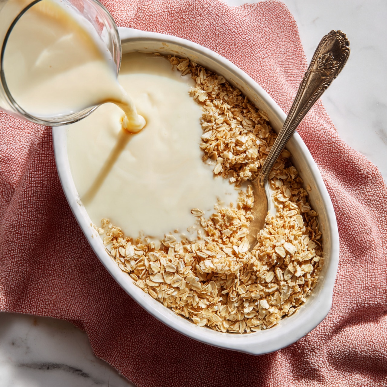 A white oval dish is shown from above on a white marbled surface with a pink textured cloth underneath. Inside the dish, there is a mix of two layers: the bottom layer is a loose, light brown grainy mixture with visible oats, and the top layer is a creamy white liquid being poured from a glass container on the left side of the image. A silver spoon with an ornate handle rests inside the dish, partially submerged in the oat mixture. The creamy liquid contrasts softly with the textured oats, and the scene is bright with natural lighting. photo taken with an iphone --ar 4:5 --v 7