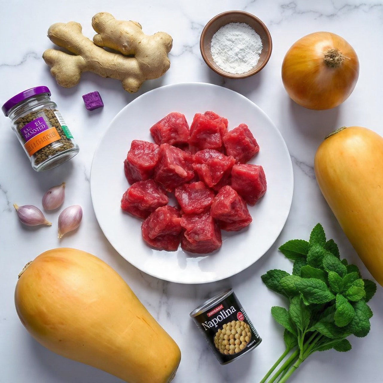 A white round plate is filled with many pieces of raw red meat, placed on a white marbled surface. Around it, there is a fresh ginger root in light brown color with a rough texture, a small glass jar labeled