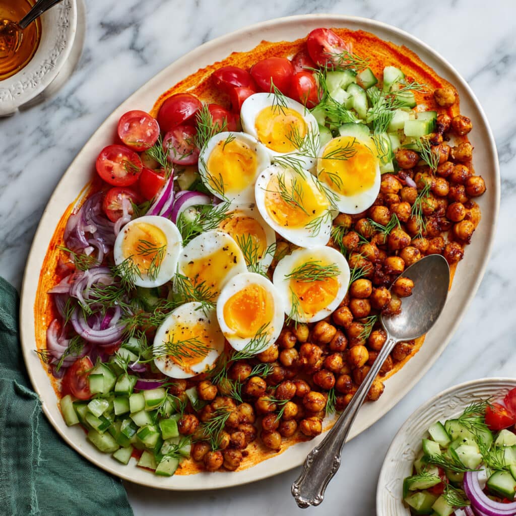 Spiced Chickpeas and Soft-Boiled Eggs with Herb Garlic Yogurt and Tomato Cucumber Salad Recipe