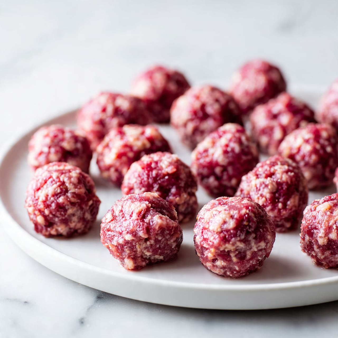 The image shows a white round plate with many small raw meatballs arranged across the surface. Each meatball is roughly the same size, with a mix of red and light pink colors showing the raw ground meat textures. The plate is placed on a white marbled surface, and no other elements or objects are present in the image. The focus is on the meatballs, with the closest ones sharper and the ones in the back slightly blurred. Photo taken with an iphone --ar 4:5 --v 7