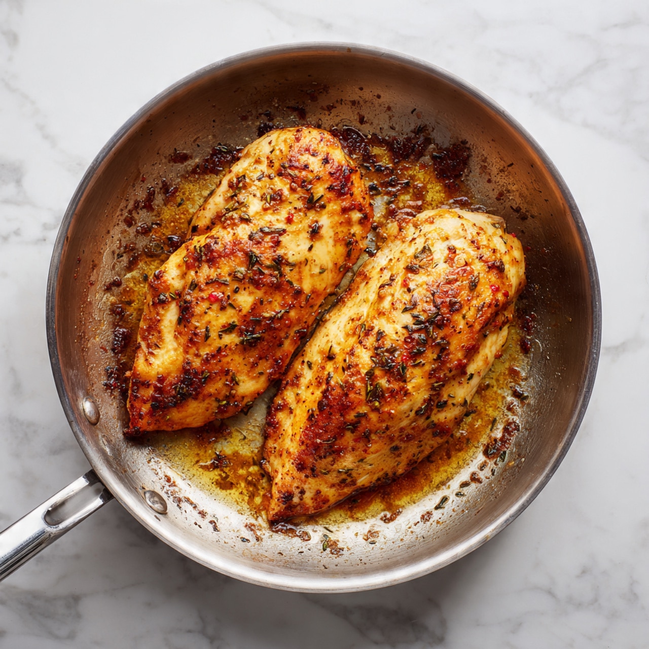 The image shows a round silver pan with two cooked chicken breasts inside. The chicken pieces are golden brown with some darker spots of seasoning and have a slightly crispy texture on the surface. The pan has some brown cooked bits and oil spread unevenly around the chicken, creating a rustic look. The pan is placed on a white marbled surface. photo taken with an iphone --ar 4:5 --v 7
