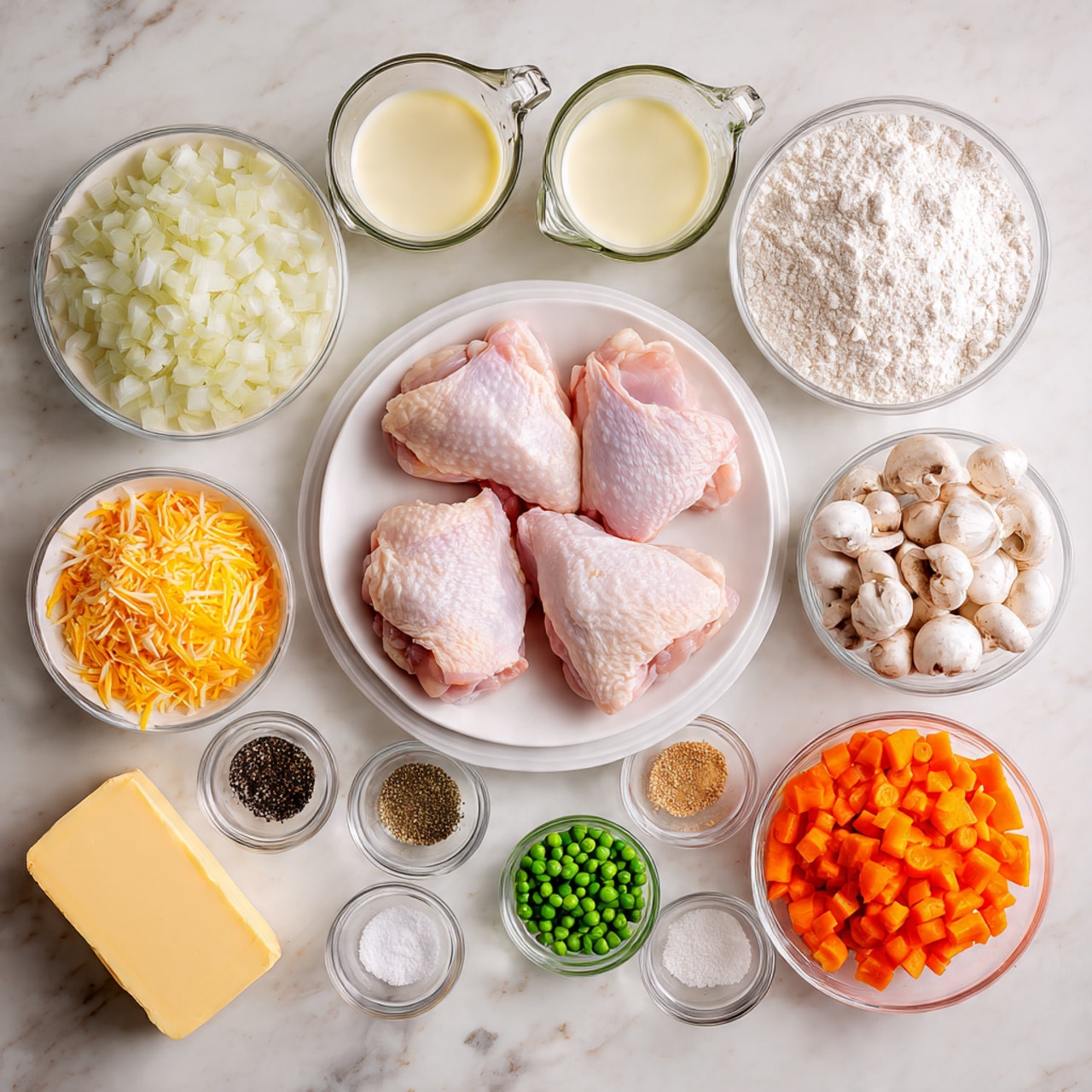The image shows a white marbled surface with many small white bowls and a white plate neatly arranged. The white plate in the center holds four uncooked pink chicken thighs with skin. Surrounding this are bowls of various ingredients: chopped white onions, white flour, yellow shredded cheese, white sliced mushrooms, and a mix of diced orange carrots and green peas. Two clear glass measuring cups contain a pale yellow liquid and milk. Small clear bowls hold spices in different colors—including black, white, green, and reddish powder—as well as minced garlic, white powder, and a light green liquid. A stick of butter wrapped in yellow paper is also present near the center. Everything is placed in neat rows on a white marbled background, photo taken with an iphone --ar 4:5 --v 7