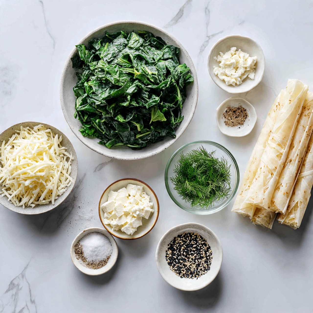 The image shows a close-up of a rolled pastry cut in half, revealing three layers inside. The outer layer is golden brown, flaky, and sprinkled with small black seeds. Inside, the second layer is a creamy white texture mixed with green leafy bits that look soft and cooked. The pastry is placed on a white plate with a delicate floral edge, sitting on a white marbled surface. photo taken with an iphone --ar 4:5 --v 7