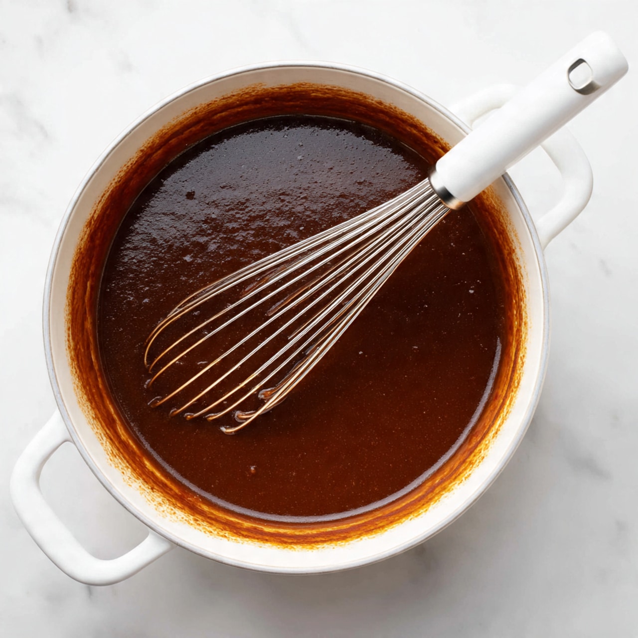 A white pot filled with a thick, smooth, dark brown sauce that has a glossy surface. A metal whisk with white silicone tips is resting inside the pot, partially covered in the sauce. The sauce clings slightly to the sides of the pot, showing its dense texture. The pot is placed on a white marbled surface. photo taken with an iphone --ar 4:5 --v 7