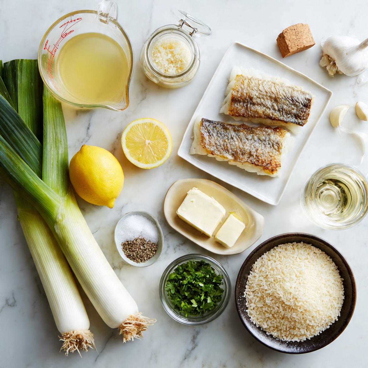 The image shows several cooking ingredients neatly arranged on a white marbled surface. At the top left is a clear measuring cup filled with light yellow fish stock, next to a small clear jar with grated Parmesan cheese. Below them is a small white dish with two golden brown pieces of smoked haddock. To the right of the fish is a sliced lemon half showing bright yellow flesh, next to a beige small bowl with two pats of butter. Below the lemon is a small white dish with salt and black pepper. To the right, a large fresh leek with white and green layers lies vertically. Near the bottom left, there are spring onions/scallions with white bulbs and long green tops, next to a small glass jar filled with chopped green parsley. Nearby on the white marble are two peeled garlic cloves. A small glass of white wine with light yellow liquid stands next to a white bowl filled with creamy white crème fraîche. On the bottom right corner, a dark bowl holds pale risotto rice grains, creating a contrast against the white marble background. All ingredients have clear labels in black text over the surface. Photo taken with an iphone --ar 4:5 --v 7