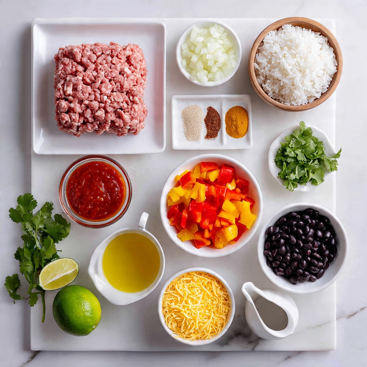 A flat white plate holds a square block of light pink lean ground meat of choice at the top left. To its right, a small white bowl contains chopped white onion pieces. Below the meat, a small white bowl with four spices and minced garlic: reddish chili powder, light brown cumin, white salt, and pale minced garlic. Next to it, a wooden bowl filled with white jasmine rice sits in the center. To the right of the rice, a white bowl filled with diced red and orange bell peppers. Below that, a clear glass bowl holds golden yellow olive oil. At the bottom left, a white bowl contains deep red salsa. Next to it, a halved lime with green skin and light green flesh rests on the white marbled surface. Nearby, a clear bowl holds yellow shredded cheese. To the right, a white bowl is filled with black beans. Beside the beans, fresh green cilantro leaves with stems lay on the surface. At the bottom right, a small white pitcher contains light brown chicken broth. All these ingredients are neatly arranged on a white marbled background photo taken with an iphone --ar 4:5 --v 7