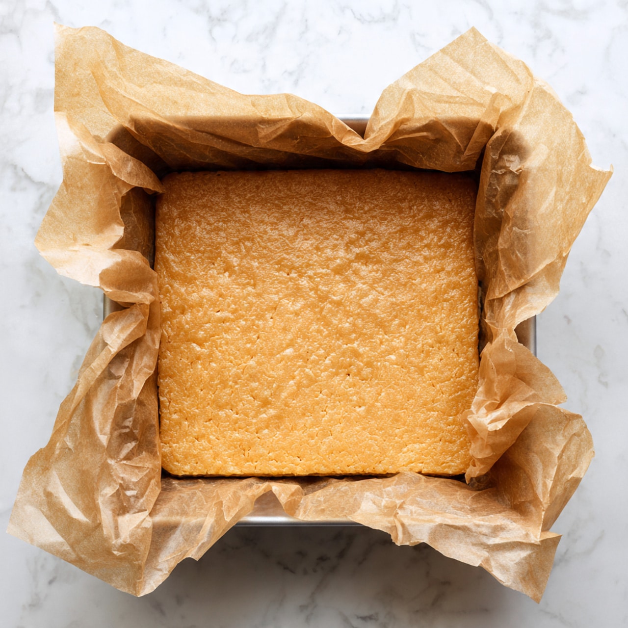 The image shows a single layer of golden brown baked dough resting in a square baking pan lined with crumpled light brown parchment paper. The dough has a slightly uneven surface with a few fine cracks and a soft sheen that suggests a crispy texture on the top. The baking pan is placed on a white marbled surface, and the parchment paper edges lift gently above the pan's rim around all sides. The scene is lit softly to highlight the warm color and texture of the baked dough. photo taken with an iphone --ar 4:5 --v 7