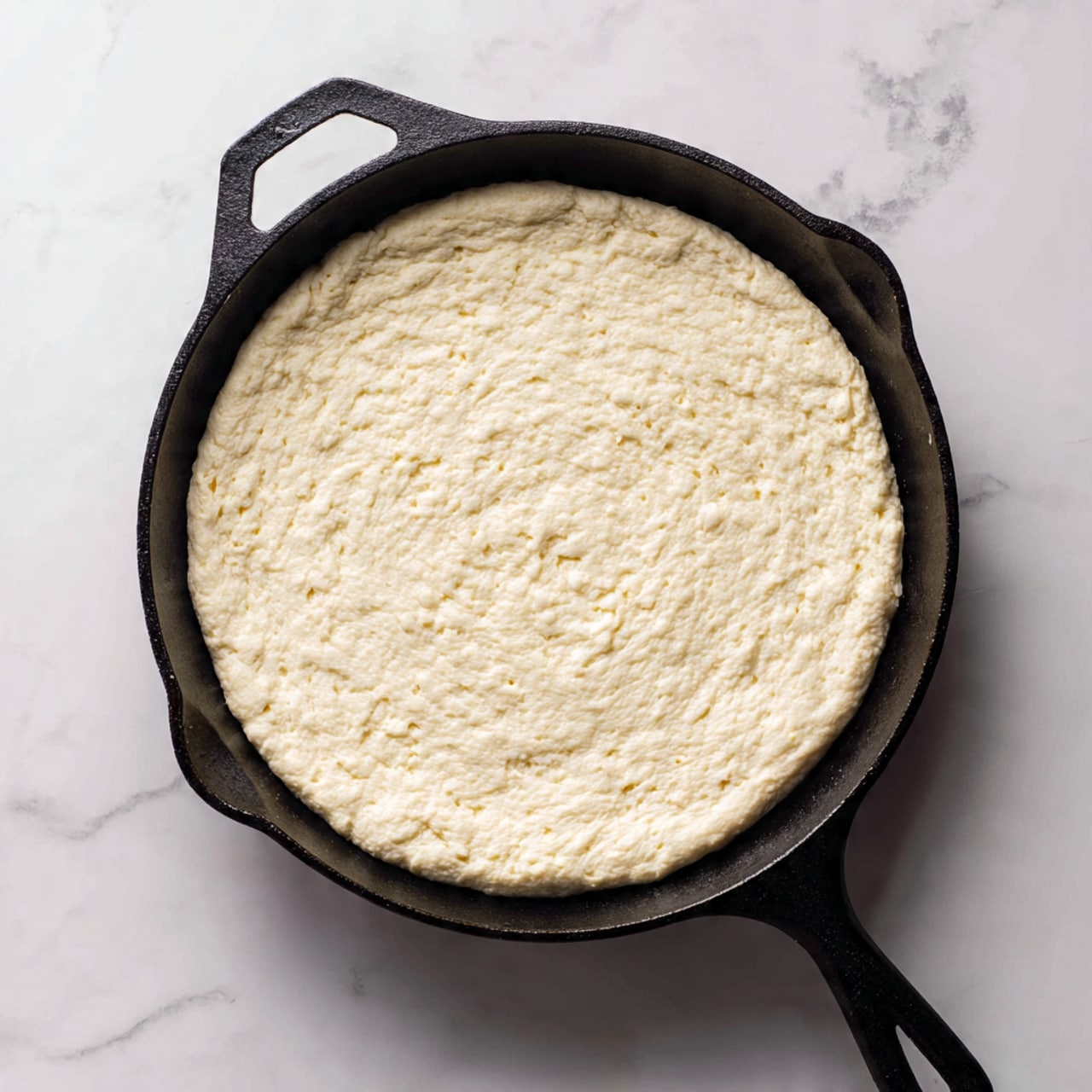 A black cast iron skillet sits on a white marbled surface, filled with two distinct layers. The bottom layer is a thick bed of shredded white cheese, soft and spread evenly across the skillet’s base. On top, there is a scattered arrangement of round, reddish pepperoni slices that vary slightly in saturation and have a shiny texture from some sauce patches dropped unevenly among them. The overall look is simple and ready to be cooked, with the pepperoni standing out brightly against the white cheese base. photo taken with an iphone --ar 4:5 --v 7