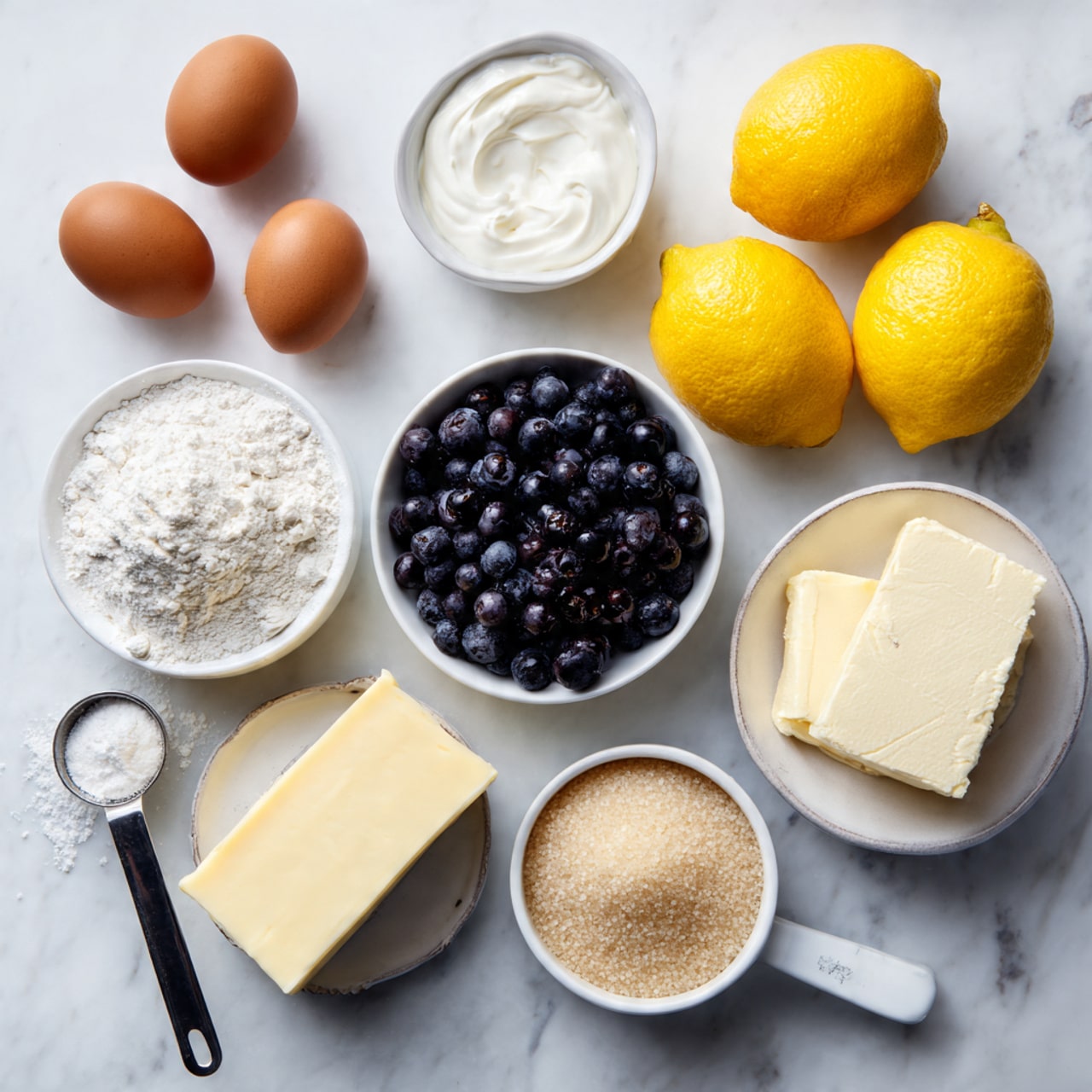 The image shows an arrangement of baking ingredients laid out on a white marbled surface, including three brown eggs gathered together on the top left, a small white bowl of white cream near the top center, and two bright yellow lemons positioned side by side on the top right. Below, a white bowl filled with dark blue, round blueberries is near the middle, beside a white bowl full of light brown sugar grains. On the lower left, there is a small metal measuring spoon containing white powder and next to it a white bowl filled with loose white flour. To the left of the flour is a pale yellow rectangular stick of butter, while on the lower right rests a block of cream-colored cheese and one brown egg. The setup is neat, colorful, and well spaced. photo taken with an iphone --ar 4:5 --v 7