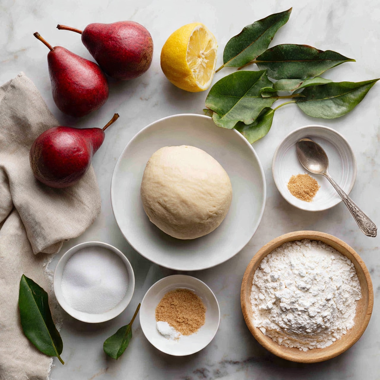 The image shows ingredients for a recipe arranged neatly on a white marbled surface. There are three red pears on the left side, two green leaves scattered nearby, and a whole lemon half with a green leaf. In the center, there is a white plate with folded light beige dough layers stacked on it. Around it, there are small white and wooden bowls holding white sugar, light brown granulated sugar, grated ginger, a raw egg, and a small amount of white flour. A vintage silver spoon rests on top of a beige cloth on the left side. photo taken with an iphone --ar 4:5 --v 7
