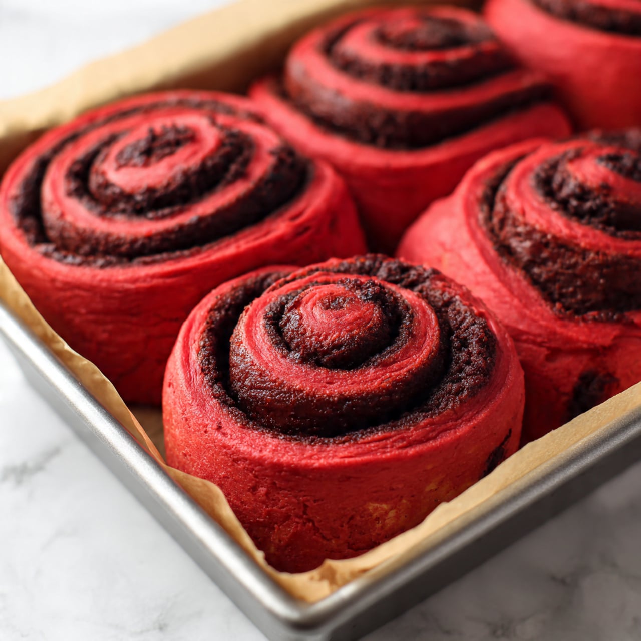 The image shows a close-up of a group of red and brown swirled rolls with a shiny white icing layer spread thick over the top of each one, creating a soft texture. On top of the icing, there is a colorful mix of heart-shaped, star-shaped, and round sprinkles in red, pink, and white colors scattered evenly, adding a playful and festive look. The rolls are tightly packed together and sit on a bright white marbled surface which contrasts with the vibrant colors of the rolls and sprinkles. photo taken with an iphone --ar 4:5 --v 7