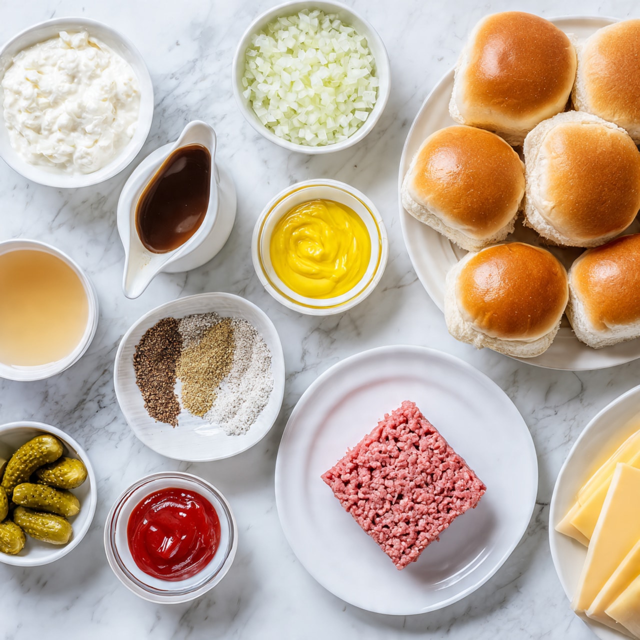 The image shows a top view of various ingredients arranged neatly on a white marbled surface. In the center right, there is a white plate with a square block of pink ground beef. Above it, there is a small white bowl filled with finely chopped white onion. To the upper middle left, lies a white plate holding several brown buns with soft texture. Small white bowls with different ingredients surround the main items: a bowl with white Greek yogurt, a bowl with yellow mustard, a bowl of apple cider vinegar with a light amber color, and a bowl of light golden honey. A small white jug holds a dark brown Worcestershire sauce, while another small white bowl contains creamy white mayo. There is a small bowl with round green pickles with seeds visible, and a bowl with red ketchup with glossy texture. A small white bowl at the bottom left has golden yellow olive oil. A patterned white plate displays three different spices: pale beige garlic powder, black pepper, and reddish paprika arranged separately. A small plate with two slices of light yellow cheese lies partially visible at the bottom right. The overall composition is clean and well-organized, showcasing fresh and varied ingredients for a burger. photo taken with an iphone --ar 4:5 --v 7