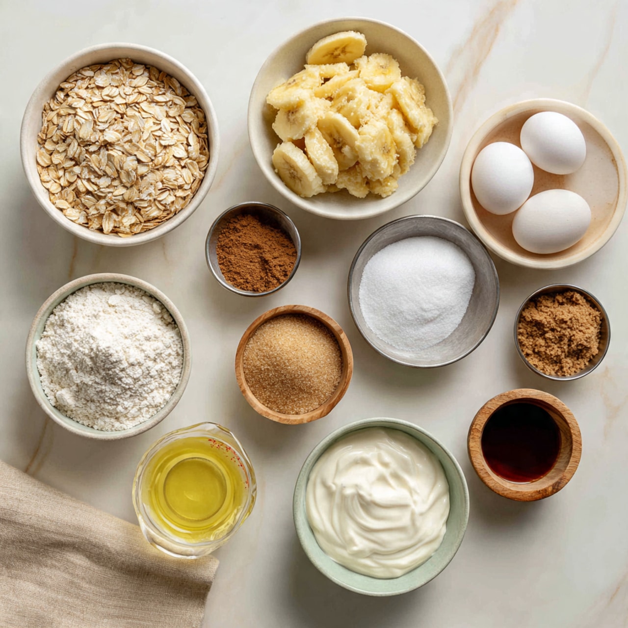 A white marbled surface holds several white bowls and small metal and wooden containers arranged neatly. Starting from the top left, there is a bowl filled with light brown rolled oats with a rough texture, next to it on the right is a bowl with mashed pale yellow bananas with a soft and slightly chunky texture. Below the oats is a bowl of white flour with a fine, powdery look, and beside the flour are two white eggs with a smooth shell lying side by side. To the right of the eggs are three small metal bowls containing white baking soda, light brown ground cinnamon, and white salt in order from left to right. Below these is a wooden bowl filled with coarse light brown sugar. At the bottom left is a clear glass measuring cup with pale yellow oil, next to it is a bowl of thick white yogurt with a creamy texture. To the right of the yogurt is a metal bowl filled with dark brown vanilla extract. At the bottom, two white bowls hold white granulated sugar and darker brown sugar with a crumbly texture. A beige cloth is placed on the bottom left corner. photo taken with an iphone --ar 4:5 --v 7