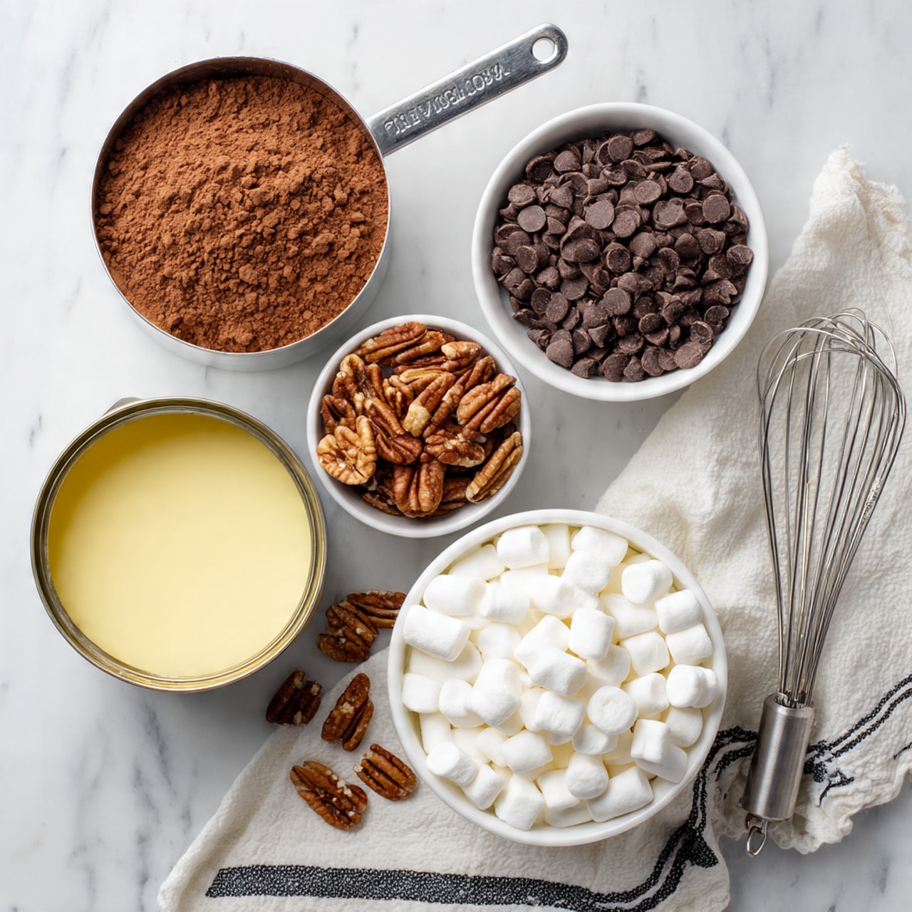 The image shows a white marbled surface with five groups of ingredients arranged neatly. At the top left, there is a metal measuring cup filled with brown cocoa powder. To the right of it, a white bowl holds small dark brown chocolate chips, some spilled around the bowl. Below the chocolate chips, another white bowl contains chopped pecans with a light brown color. To the left of the pecans, a white bowl is filled with small white marshmallows. At the bottom left, an open can of light yellow sweetened condensed milk is visible. A folded white cloth with black stripes and a whisk are placed at the bottom right corner of the image. photo taken with an iphone --ar 4:5 --v 7
