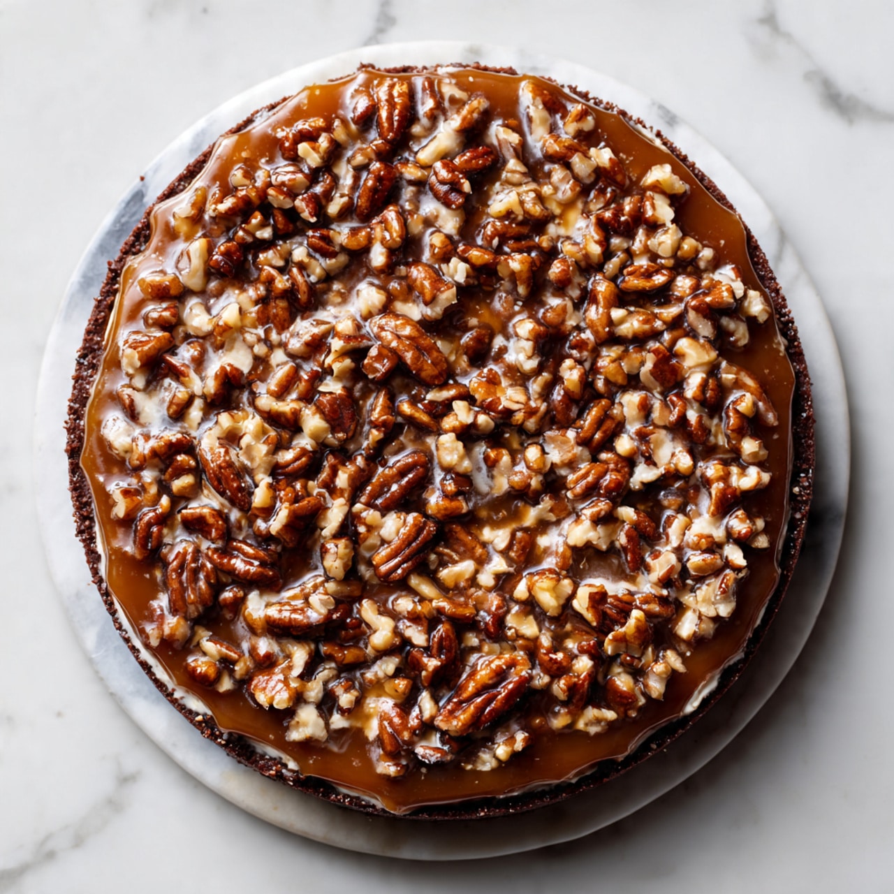 The image shows a round dessert with three visible layers: the bottom layer is a dark brown chocolate base, the middle layer is a shiny caramel covering most of the top, and the top layer is topped with many small chopped pecans scattered all over, adding texture and a nutty color contrast. The dessert is placed on a white marbled surface with the edges visible, and the overall look is smooth and rich. Photo taken with an iphone --ar 4:5 --v 7