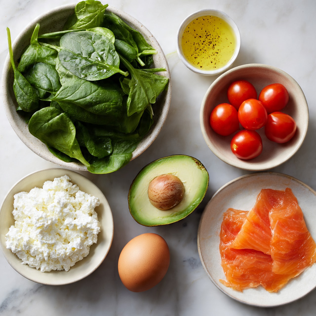 The image shows several white bowls and a plate arranged on a white marbled surface. At the top center is a bowl filled with fresh, dark green baby spinach leaves with a smooth texture and visible veins. To its right is a small bowl containing lemon vinaigrette, a yellow liquid with tiny black pepper specks. Below the spinach is a bowl with white, creamy cottage cheese, showing a slightly lumpy texture. To the right of the cottage cheese, a bowl holds six round, bright red cherry tomatoes with smooth, shiny skins. Below the cottage cheese and tomatoes is a brown egg with a smooth shell. At the bottom left, a whole avocado with dark green, bumpy skin is placed. Finally, at the bottom right, thin slices of smoked salmon with a rich orange-pink color and slightly glossy surface are arranged loosely on a white plate. photo taken with an iphone --ar 4:5 --v 7