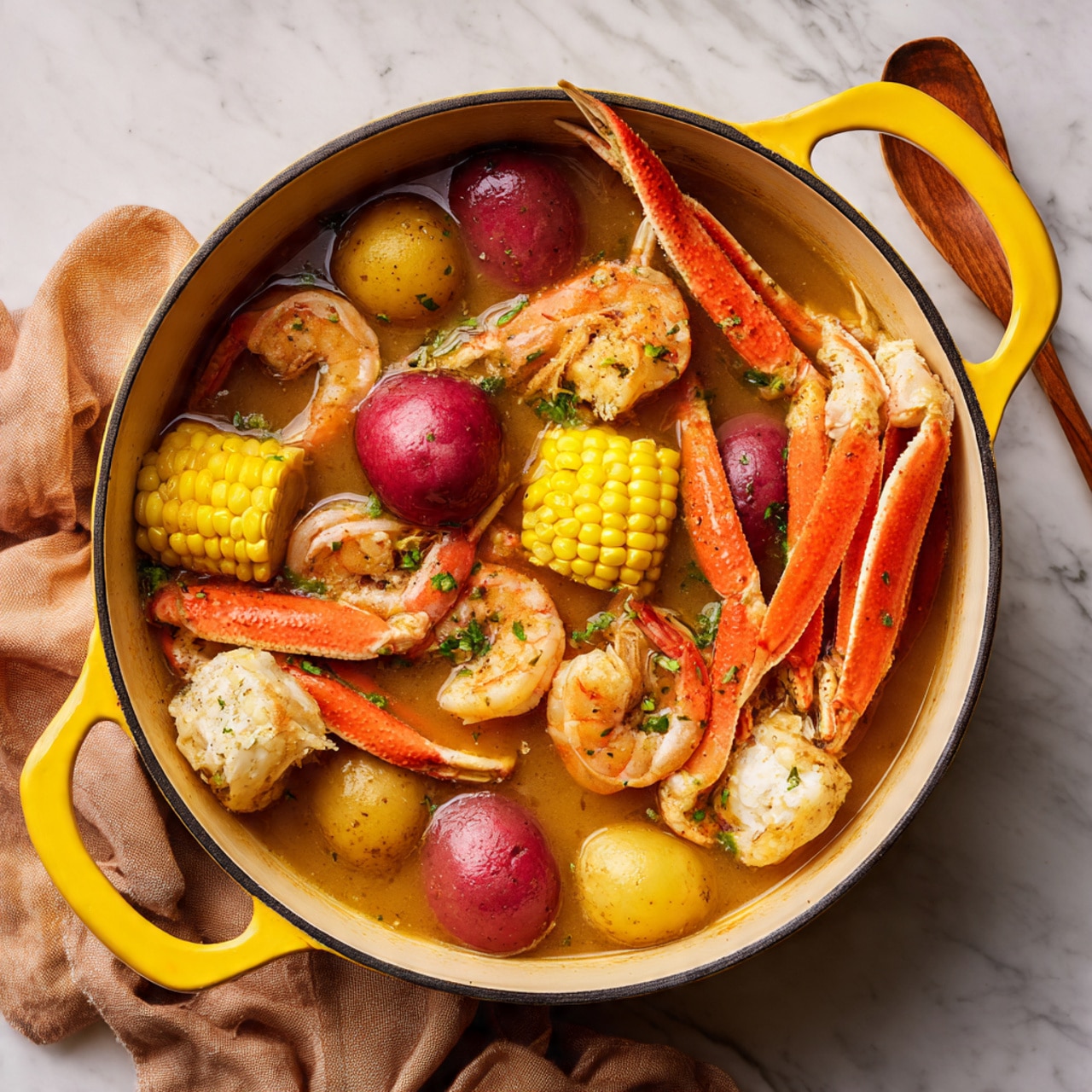 A yellow pot filled with a seafood boil showing long crab legs in orange and white spread around the edges. Inside, there are bright yellow corn pieces, both large and smaller round sections, with smooth red and yellow potatoes scattered around. Pink shrimp sit on top near the center, all swimming in a light brown broth. The pot rests on a white marbled background with a tan cloth nearby. photo taken with an iphone --ar 4:5 --v 7