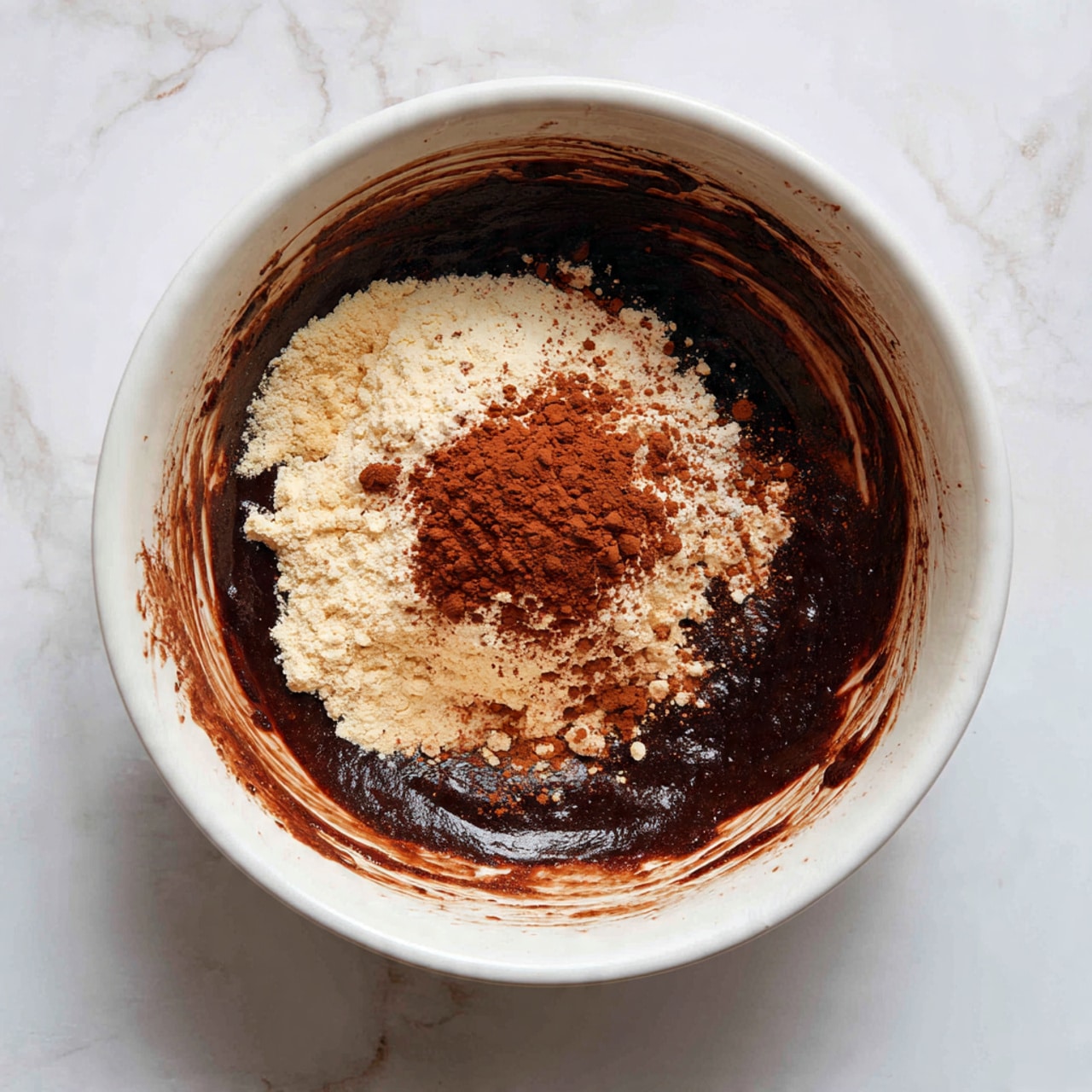 A white bowl sits on a white marbled surface, filled with a thick, dark brown chocolate batter covering the bottom and sides. On top of the batter is a layer of light beige flour with a small pile of reddish-brown cocoa powder resting in the middle. The sides of the bowl have streaks of the chocolate batter, showing a messy mixing process. photo taken with an iphone --ar 4:5 --v 7