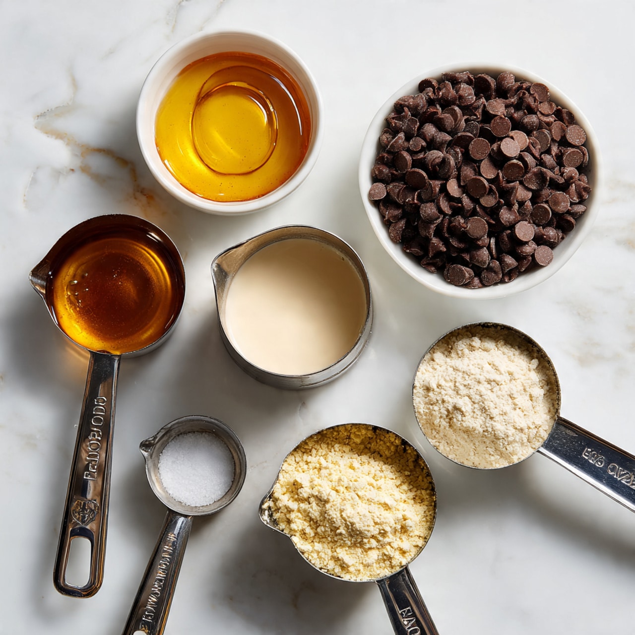 The image shows a top view of seven measuring cups and spoons arranged on a white marbled surface. At the top left is a white bowl filled with golden maple syrup, and to its right is a larger white bowl filled with many small dark brown chocolate chips. Below the maple syrup is a shiny metal measuring cup filled with light beige almond milk, next to it is a metal teaspoon with a small amount of white salt inside. To the right of the salt spoon is a white bowl containing amber-colored vanilla extract. Below the metal cup is a metal measuring cup filled with pale beige protein powder, and next to it on the right is another metal measuring cup filled with light yellow almond flour. The ingredients are neatly placed with clear labels indicating their contents, on a clean white marbled background. photo taken with an iphone --ar 4:5 --v 7