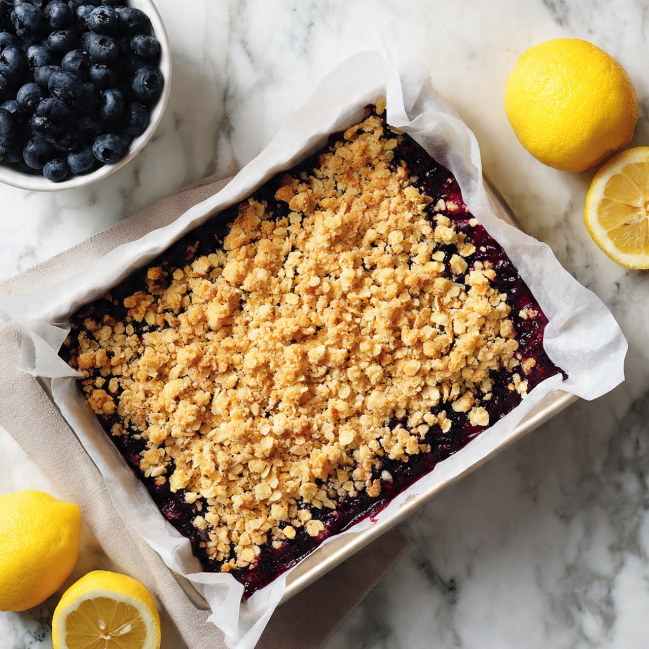 The image shows a rectangular tray lined with white parchment paper, filled with a two-layer dessert. The bottom layer is dark purple with a smooth fruity texture, likely blueberry filling. The top layer is a golden brown crumbly oat mixture, spread evenly over the fruit layer, adding a crunchy texture. The tray is placed on a white marbled surface, with two yellow lemons on the right side and a small white bowl filled with blueberries on the top left corner. The overall presentation highlights the contrast between the deep purple fruit filling and the light brown oat topping. Photo taken with an iphone --ar 4:5 --v 7