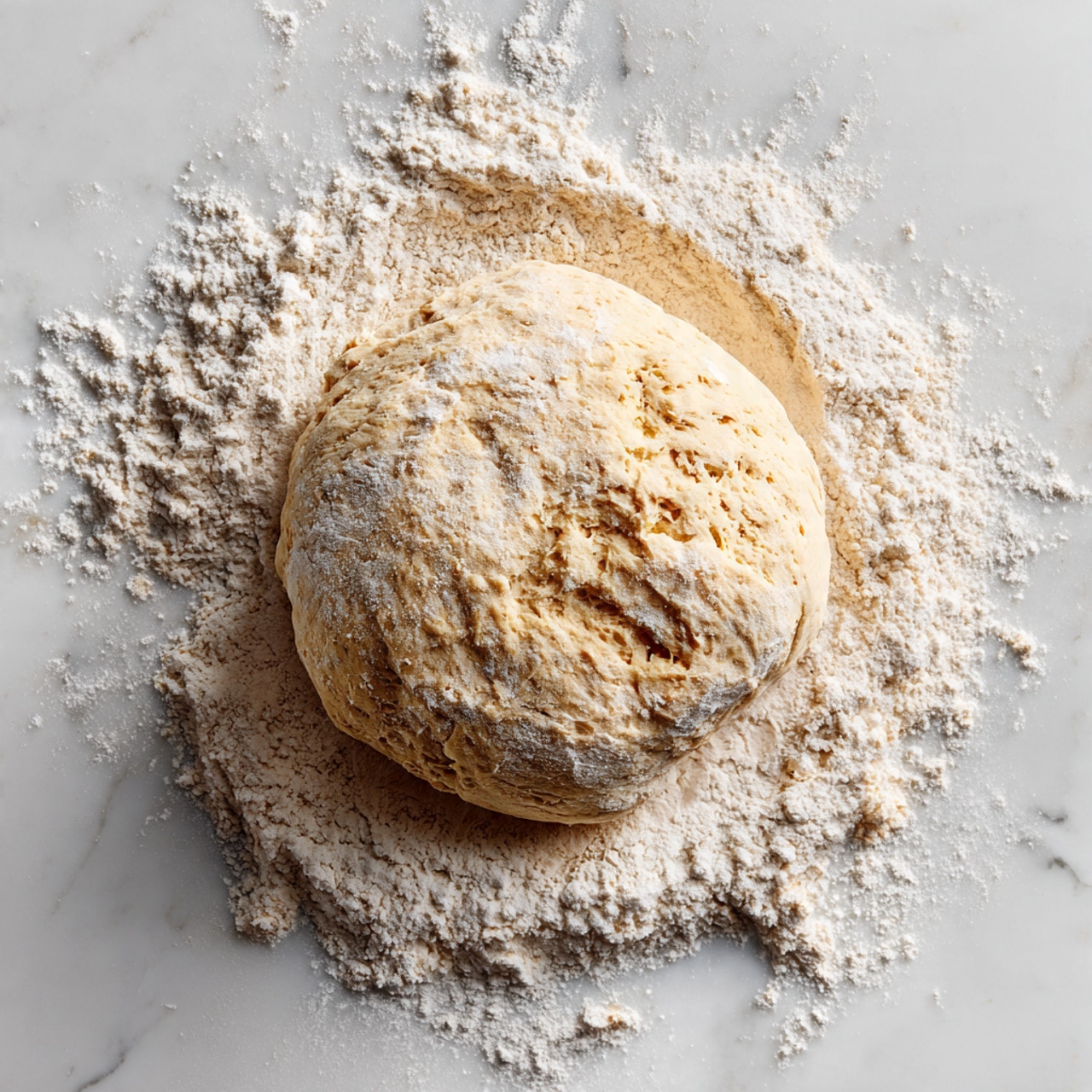 A round ball of dough with a light beige color and a smooth but slightly bumpy texture sits in the center of a white marbled surface. The dough ball is covered lightly with flour, which is scattered around it in an uneven spread, creating a rough white powdery layer on the marble. The scene has soft natural lighting, showing subtle shadows around the dough edges, emphasizing its round shape and soft texture. photo taken with an iphone --ar 4:5 --v 7