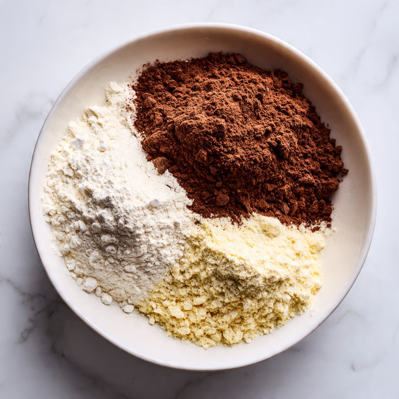 The image shows baking ingredients arranged carefully on a white marbled surface. There are two whole white eggs near the top left corner, a white speckled plate full of white granulated sugar just below them, and a small white speckled bowl filled with dark brown cocoa powder to the left. In the center right, a brown bowl holds a heap of white flour with a coarse texture. Above the brown bowl, there is a clear glass measuring cup filled with a white liquid, likely milk or cream. Next to it on the right side, a red and white carton labeled heavy whipping cream lies on the surface. Below the cocoa powder, a small white dish contains light brown liquid, probably vanilla extract. Below this dish, a small brown bowl contains white baking powder or soda, and next to that on the right side, a clear glass measuring cup holds light golden oil. Near the bottom center, a scalloped-edged dish holds round dark chocolate chips. The whole setup is clean, neat, and well lit with soft natural light, showcasing the texture and color of each ingredient clearly photo taken with an iphone --ar 4:5 --v 7