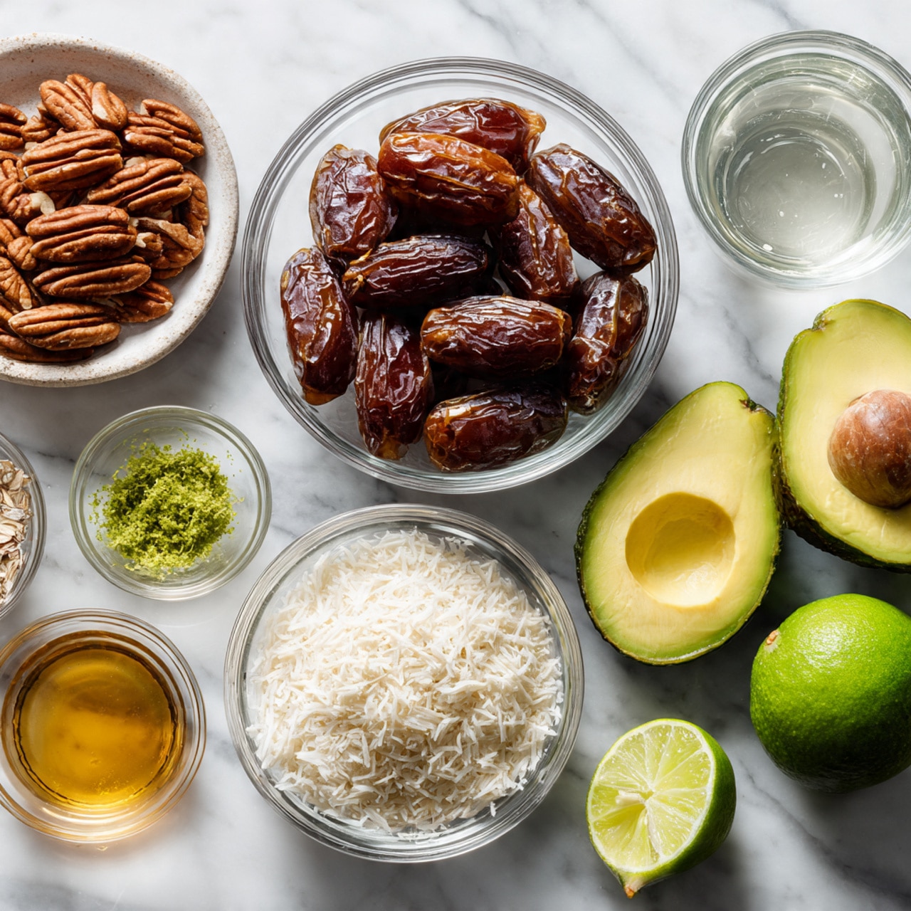 A small tart with two visible layers sits on a silver tray over a white marbled surface. The bottom layer is thick, brown, and textured, made of a nutty crust. Above it, a smooth, vibrant light green layer covers the tart, with small dark brown cocoa nibs sprinkled on the top edges. The tart is sliced into three triangular pieces with one piece pulled slightly forward showing the clean cut layers. Two whole bright green limes and one lime half lie beside the tart near the top center of the tray. A pair of silver forks rests to the right side of the tray, and a soft gray cloth and a small green plant appear softly blurred in the background. Photo taken with an iphone --ar 4:5 --v 7