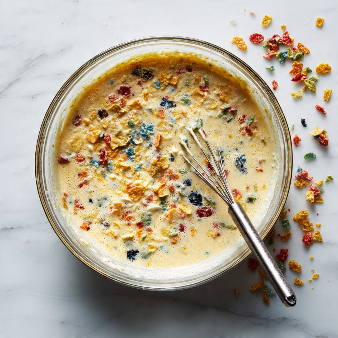 A clear glass bowl sits on a white marbled surface, filled halfway with a thick, pale yellow batter mixed with colorful bits of red, green, blue, and orange. A metal whisk is partially inserted into the batter on the right side, showing the motion of mixing. Around the bowl are scattered small pieces of colorful cereal. The background is plain with the same white marbled texture. Photo taken with an iphone --ar 4:5 --v 7