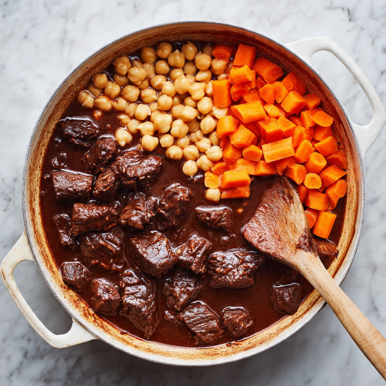 The image shows a white pan filled with a thick dark brown stew. The stew has pieces of shredded meat spread throughout. On one side of the pan, there are two separate piles: one of creamy-colored chickpeas and another of evenly cut bright orange carrot cubes. A light brown wooden spoon is resting inside the pan on the right side, showing some stew on it. The pan sits on a white marbled surface. photo taken with an iphone --ar 4:5 --v 7