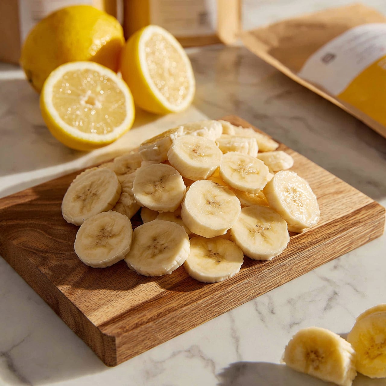 A clear glass bowl holds a multi-layer mixture starting with bright yellow pudding on the left side, topped by light tan, round cookie pieces piled on the upper right. Fresh banana slices, pale cream in color with slight brown spots at the center, are arranged at the bottom left side. A generous dollop of fluffy white whipped cream sits prominently on the right side next to the bananas and cookie pieces. The bowl rests on a white marbled surface with peeled banana skin and scattered cookie crumbs around it. Photo taken with an iphone --ar 4:5 --v 7