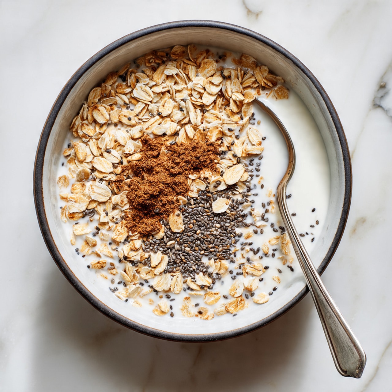 A bowl filled with white milk as the base layer, topped with a mix of light brown rolled oats and small black chia seeds scattered evenly, with a darker brown cinnamon powder sprinkled in the center forming a small pile. A silver spoon rests inside the bowl, partially submerged in the milk and oats. The bowl has a white color with a thin dark rim and sits on a white marbled surface. photo taken with an iphone --ar 4:5 --v 7