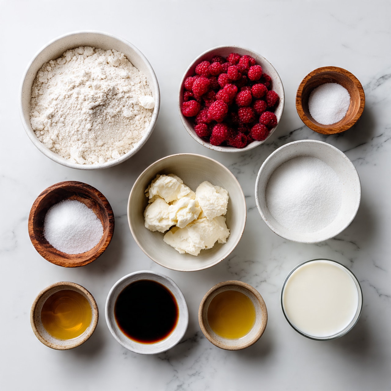 The image shows nine bowls with different ingredients placed on a white marbled surface. At the top left is a large white bowl filled with flour, next to it on the right is another white bowl containing bright red frozen berries. Below the flour bowl are three small wooden bowls holding salt, baking soda, and a white powder, likely cornstarch. To the right of these is a small white bowl filled with sugar. Beside the sugar, two small ceramic bowls hold a golden liquid, likely melted butter, and a dark brown liquid, probably vanilla extract. Between the sugar and the berries, there is a clear glass bowl filled with milk. The bowls are neatly arranged with even spacing. photo taken with an iphone --ar 4:5 --v 7