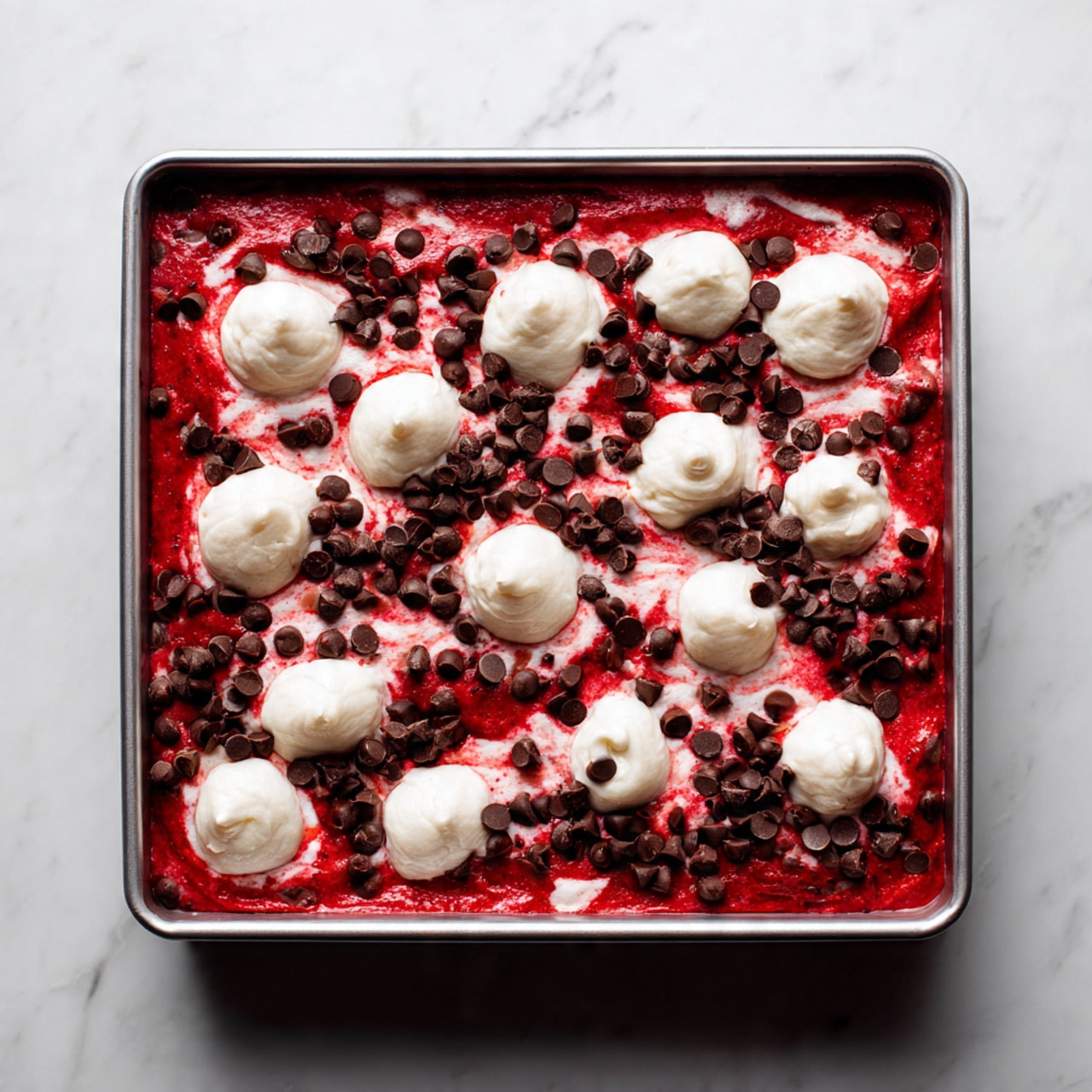 A rectangular metal pan filled with bright red batter spread in one even layer, dotted unevenly with creamy white dollops of batter on top that have a smooth, thick texture, and sprinkled generously with small, dark chocolate chips scattered all over both the red and white parts. The pan sits on a white marbled surface. photo taken with an iphone --ar 4:5 --v 7