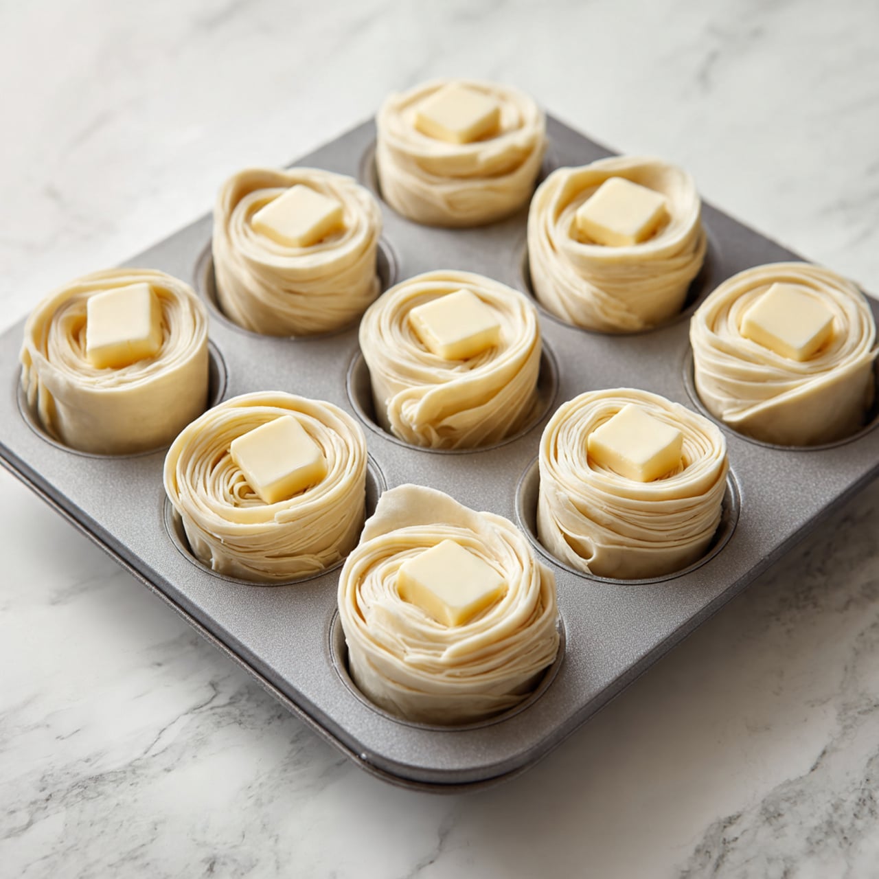 The image shows a grey muffin tray with nine compartments, each holding a rolled pastry dough that is pale cream in color with many thin layers forming a spiral shape. In the center of each rolled pastry, there is a square piece of light yellow butter. In the foreground, a white pot with a gold handle is held above the tray, pouring melted butter that is bright yellow and shiny. The tray sits on a white marbled surface. photo taken with an iphone --ar 4:5 --v 7