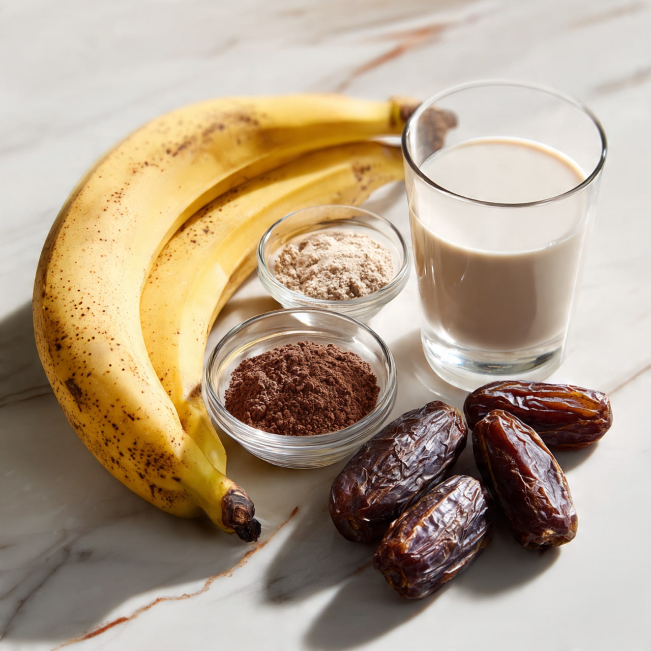Two clear glasses filled with a light brown, smooth smoothie topped with bright red freeze-dried raspberries scattered on the surface. Each glass has two white straws with colorful dots placed inside. The glasses are placed on a white marbled surface covered with small chunks of ice and some scattered freeze-dried raspberries around them. Photo taken with an iphone --ar 4:5 --v 7