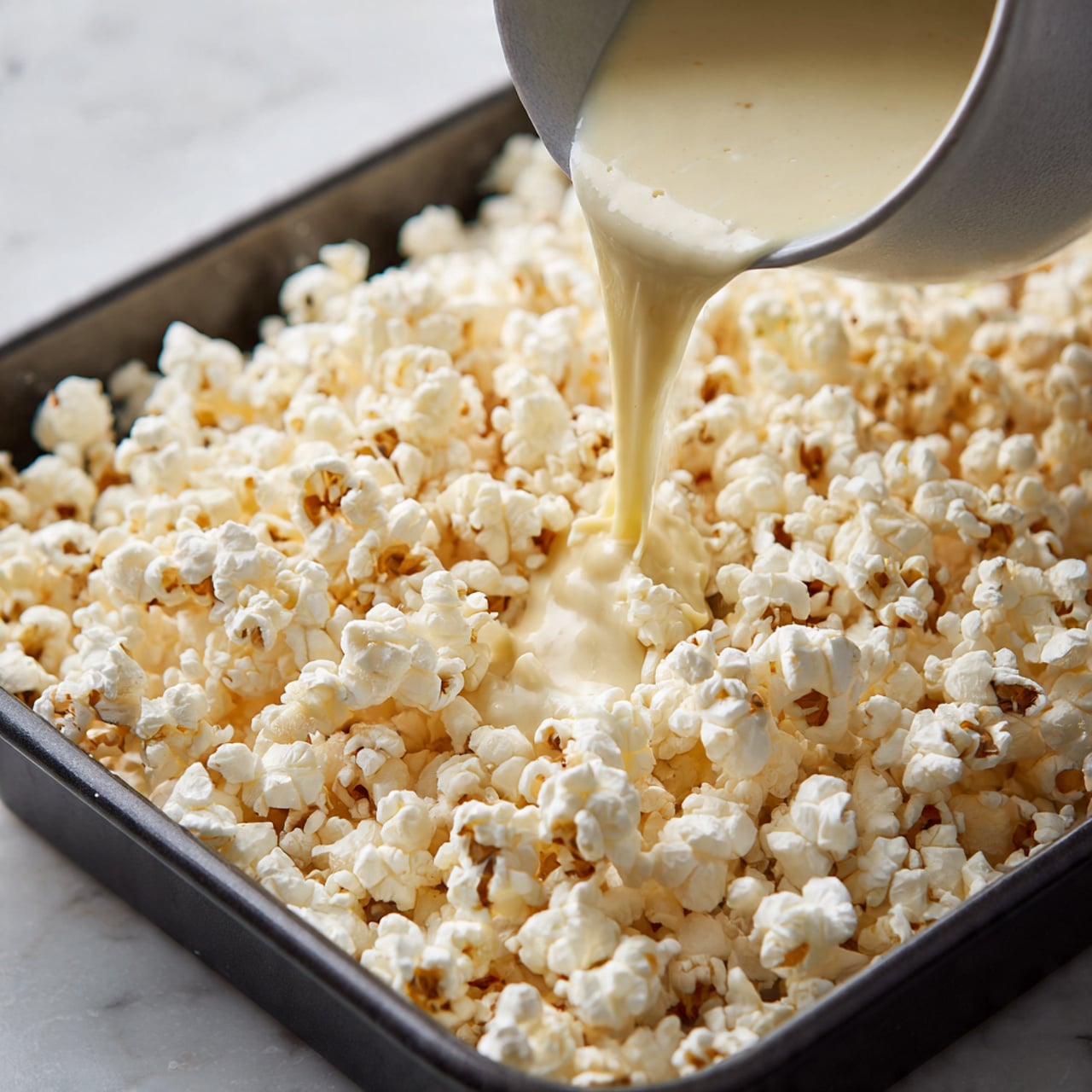 A white marbled surface holds a black baking pan filled with a thick layer of white and slightly yellow popcorn, showing its fluffy bumpy texture. A beige creamy liquid is being poured from a gray pot down onto the popcorn, creating a smooth flow that softly lands on the top layer. The scene focuses on the popcorn in the pan and the sauce pouring from above. photo taken with an iphone --ar 4:5 --v 7
