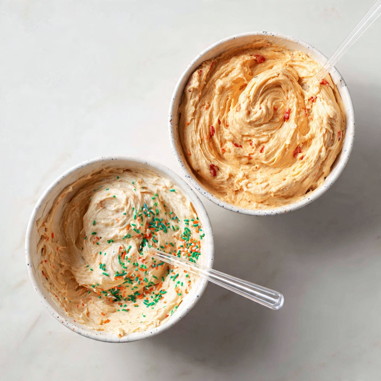 A large white plate holds 21 mini cupcakes arranged evenly in rows. Each cupcake has a light yellow base with colorful sprinkles inside, wrapped in bright green paper liners. On top of every cupcake is a layer of thick, dark brown chocolate frosting, swirled with a piped texture to form a rounded top. White icing is piped on each cupcake in a football lace pattern with small horizontal lines crossing a longer vertical line. Two cupcakes have bites taken out, showing the light yellow cake and colorful sprinkles inside. The plate is placed on a white marbled surface decorated with small black stars and football-themed items. In the background, green plastic cups with beverages and white bowls with snacks can be seen. photo taken with an iphone --ar 4:5 --v 7