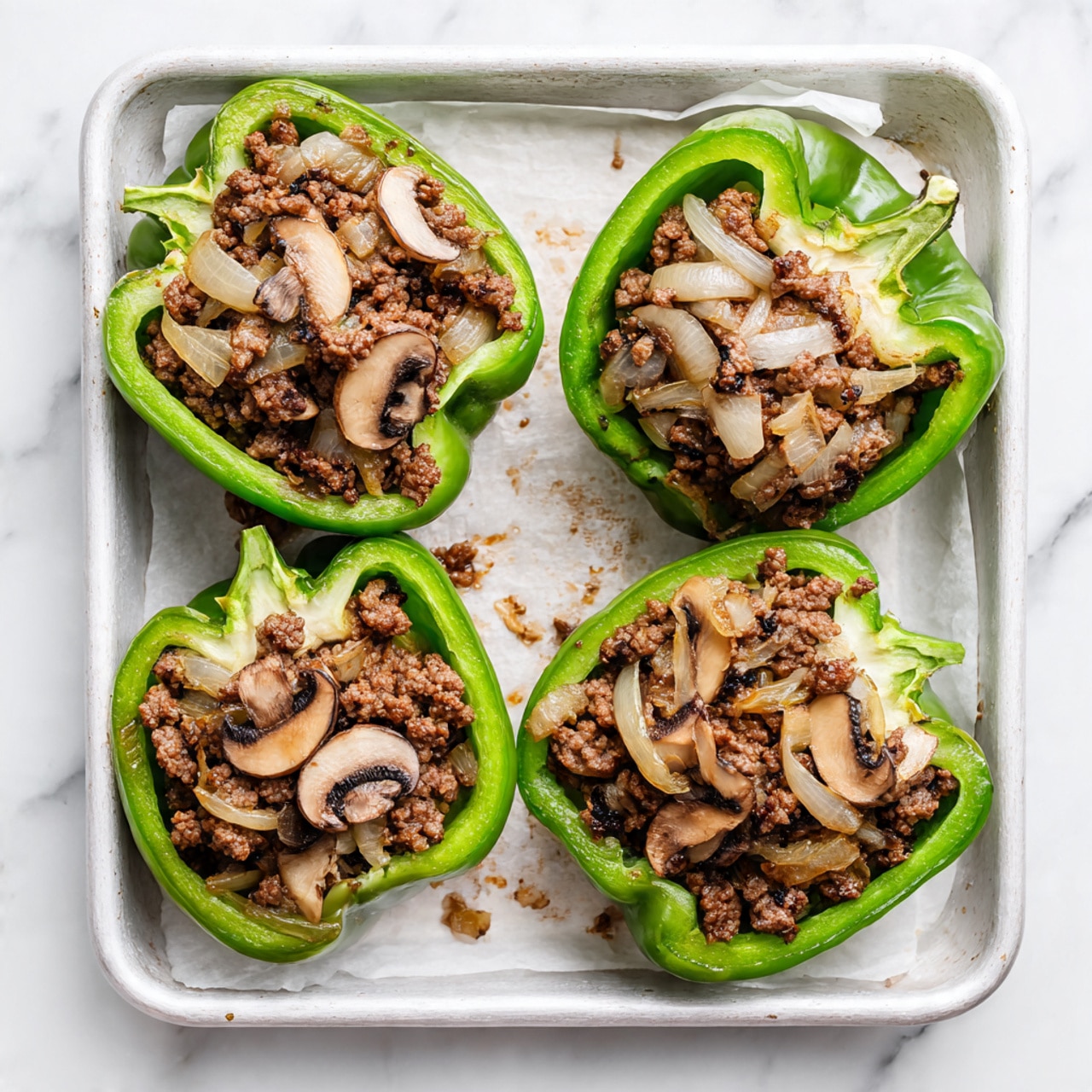 The image shows four halved green bell peppers placed on a white baking tray lined with parchment paper on a white marbled surface. Each pepper half is filled with a mixture of cooked ground meat, light brown sautéed onions, and sliced mushrooms, with the filling slightly mounded over the edges. The texture of the filling looks soft and slightly moist, with thin strands of onions and small pieces of mushrooms clearly visible. The tray has some small browned spots and bits of the filling scattered around. Photo taken with an iphone --ar 4:5 --v 7