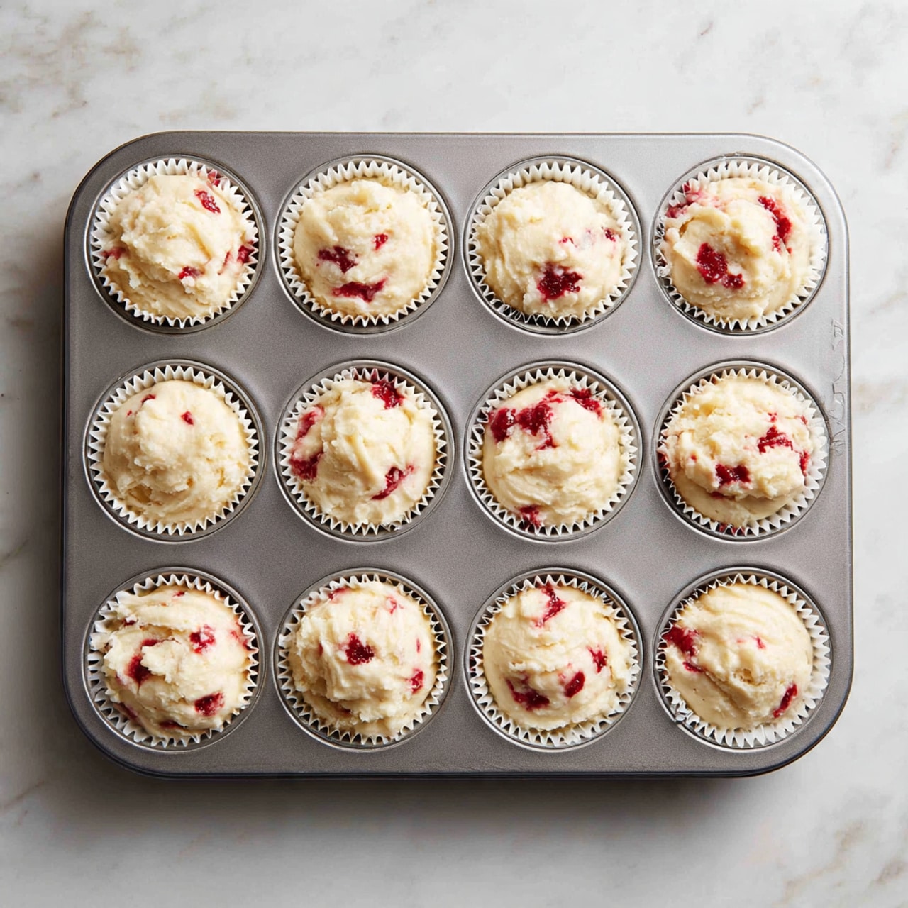 A close-up view of a silver muffin pan filled with white paper liners, each holding swirled pale yellow cupcake batter mixed with small bright red berry pieces. The batter texture is soft and smooth with visible chunks of red berries mixed throughout, creating a marbled effect. The muffins are evenly spaced in the tray, showing a slight height difference in batter levels, all on a white marbled textured surface. photo taken with an iphone --ar 4:5 --v 7